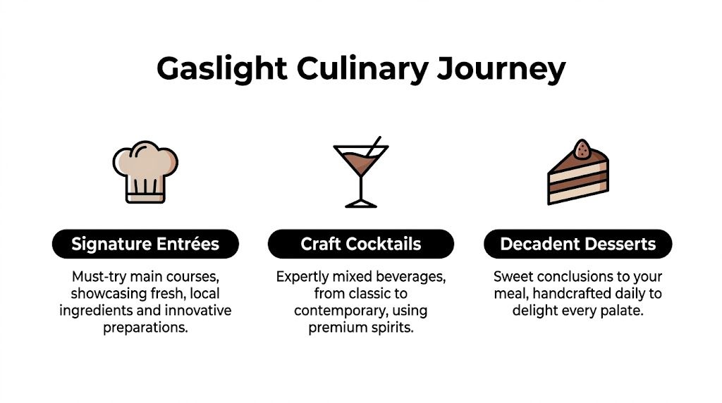 A culinary journey graphic featuring icons for signature entrées, craft cocktails, and decadent desserts at Gaslight.