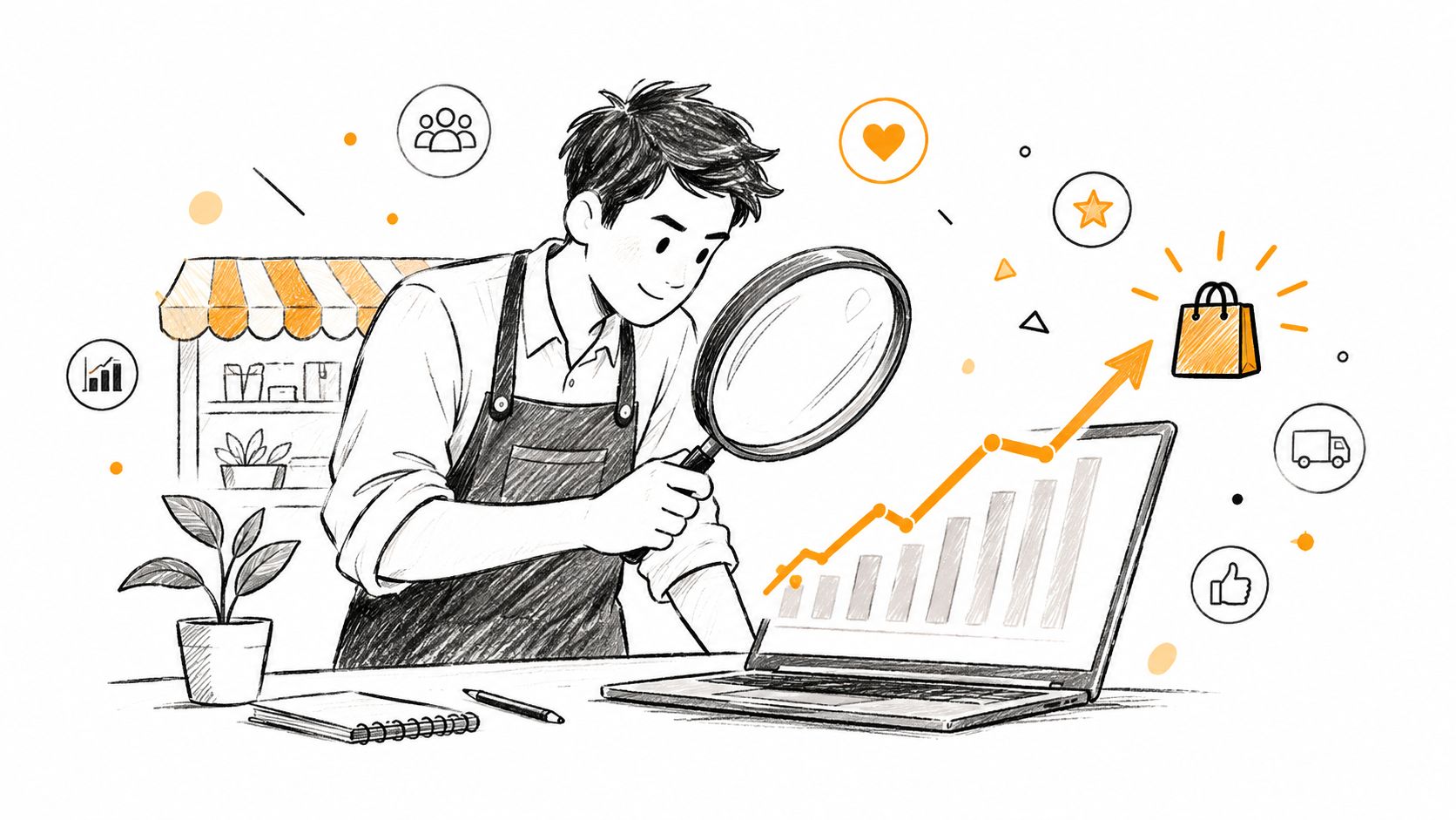 A shop owner using a magnifying glass to analyze sales growth trends on a laptop screen.