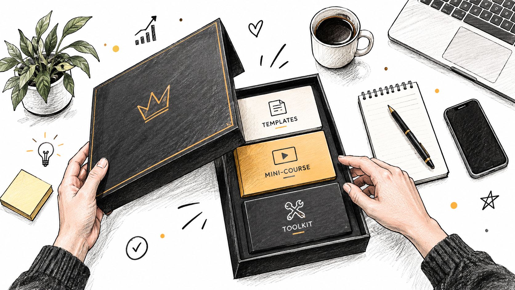 A person opening a premium black gift box containing templates, a mini-course, and a toolkit on a desk.