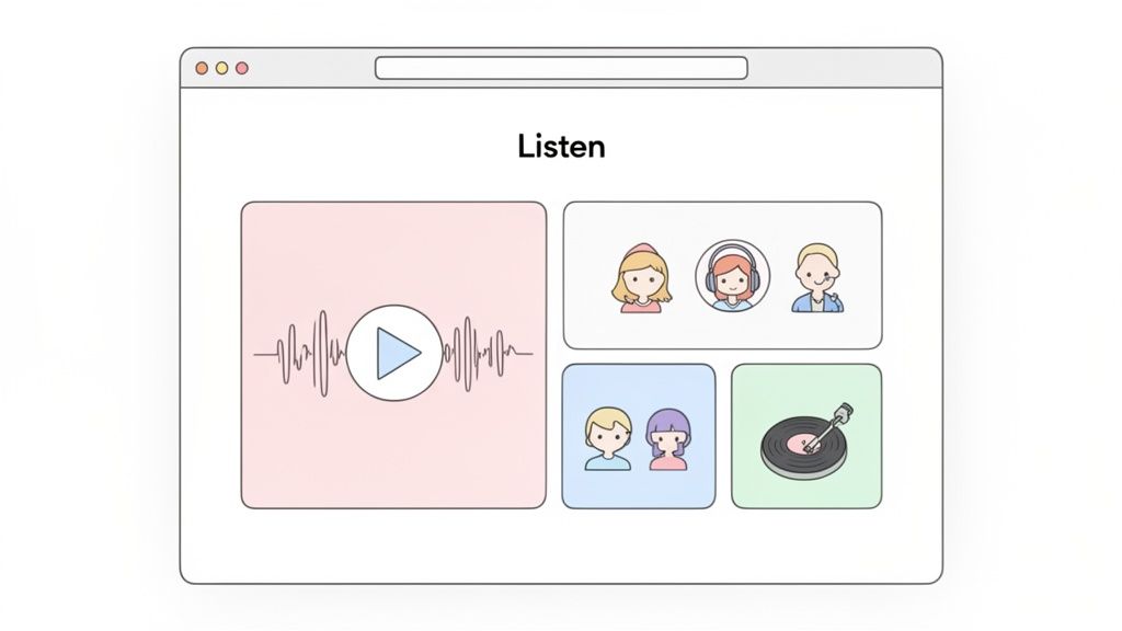Illustration of a web browser displaying 'Listen' with a play button, audio icons, and user profiles.