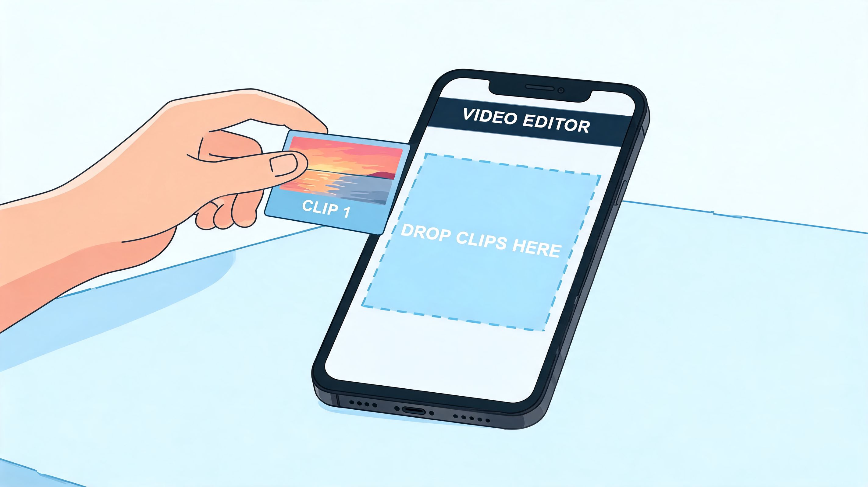 A person using a smartphone to drag and drop video clips into a mobile video editor app.