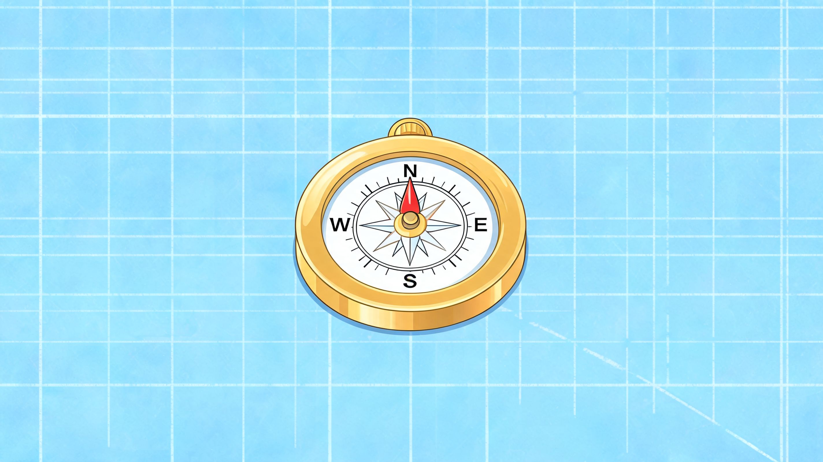 A golden compass pointing north against a light blue grid paper background representing direction and guidance.