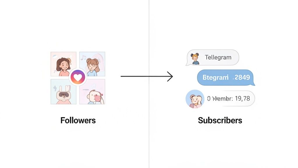 Illustration showing Instagram followers transforming into Telegram subscribers, symbolizing platform migration.