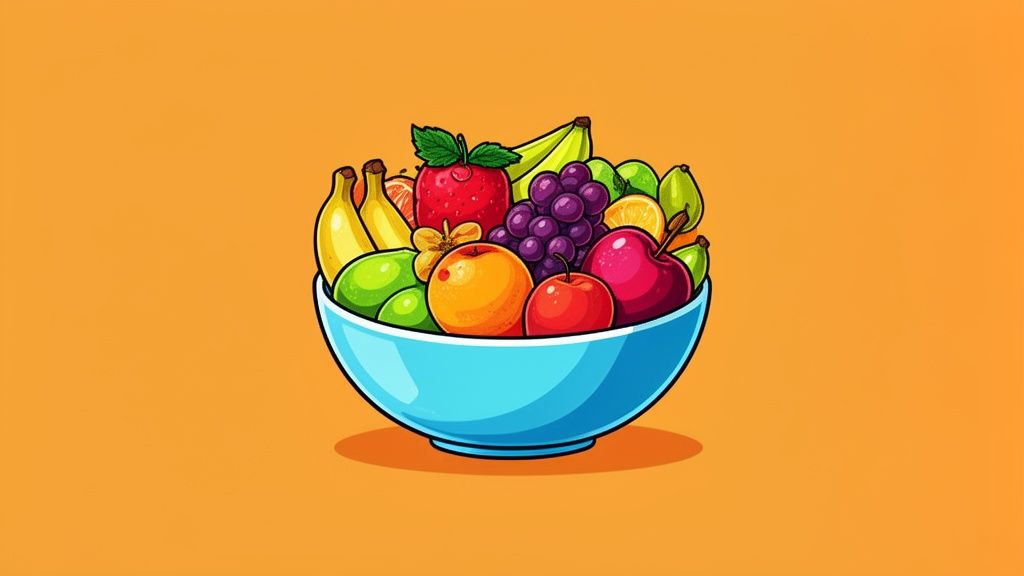 A cartoon-style image of a blue bowl overflowing with various colorful fruits like bananas, grapes, and apples on an orange background.