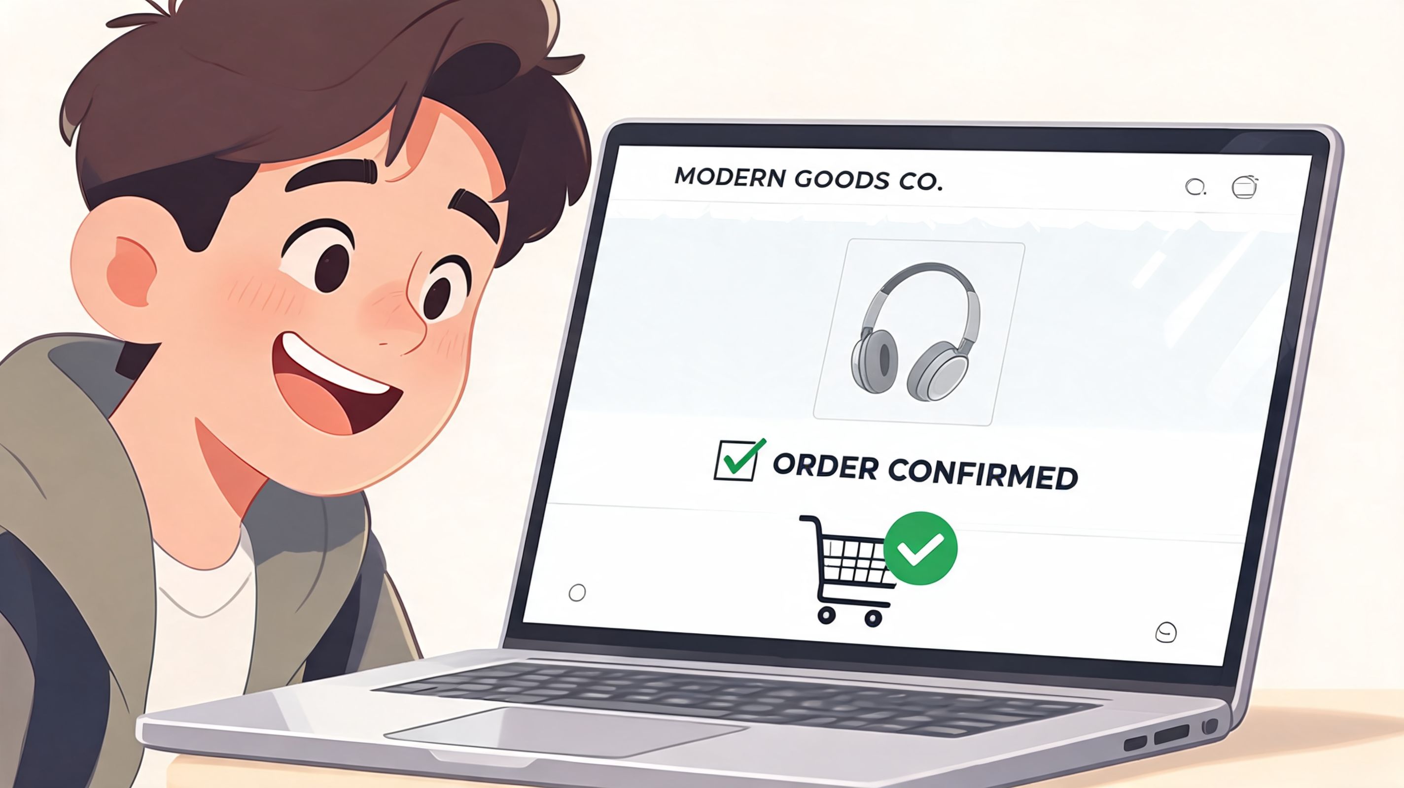A happy young man looking at a laptop screen confirming his online order of new headphones.