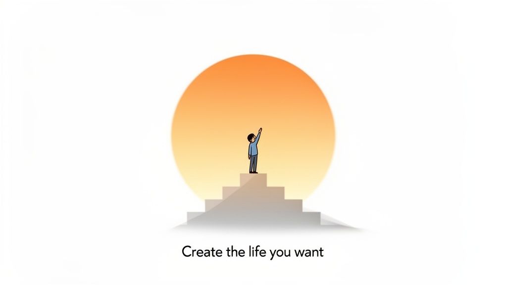 A person on stairs reaching for an orange sun, with text 'Create the life you want'.
