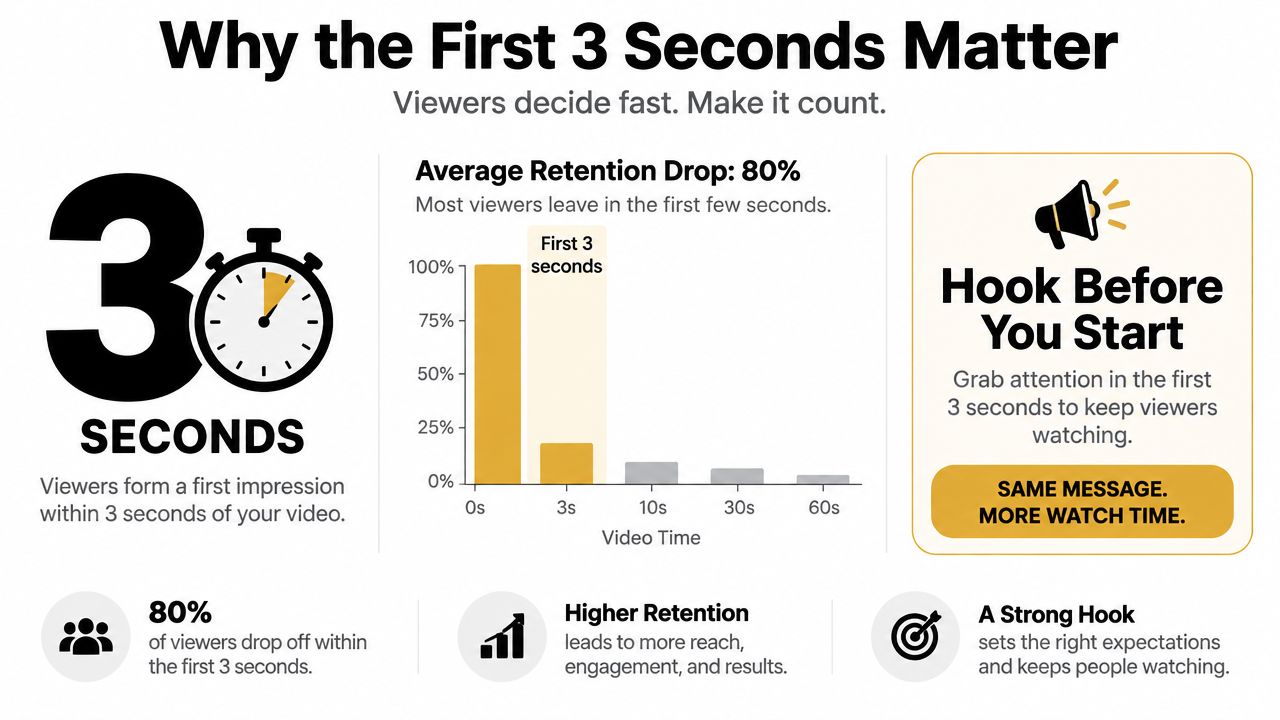 A visual infographic explaining why the first three seconds of a video are critical for audience retention.