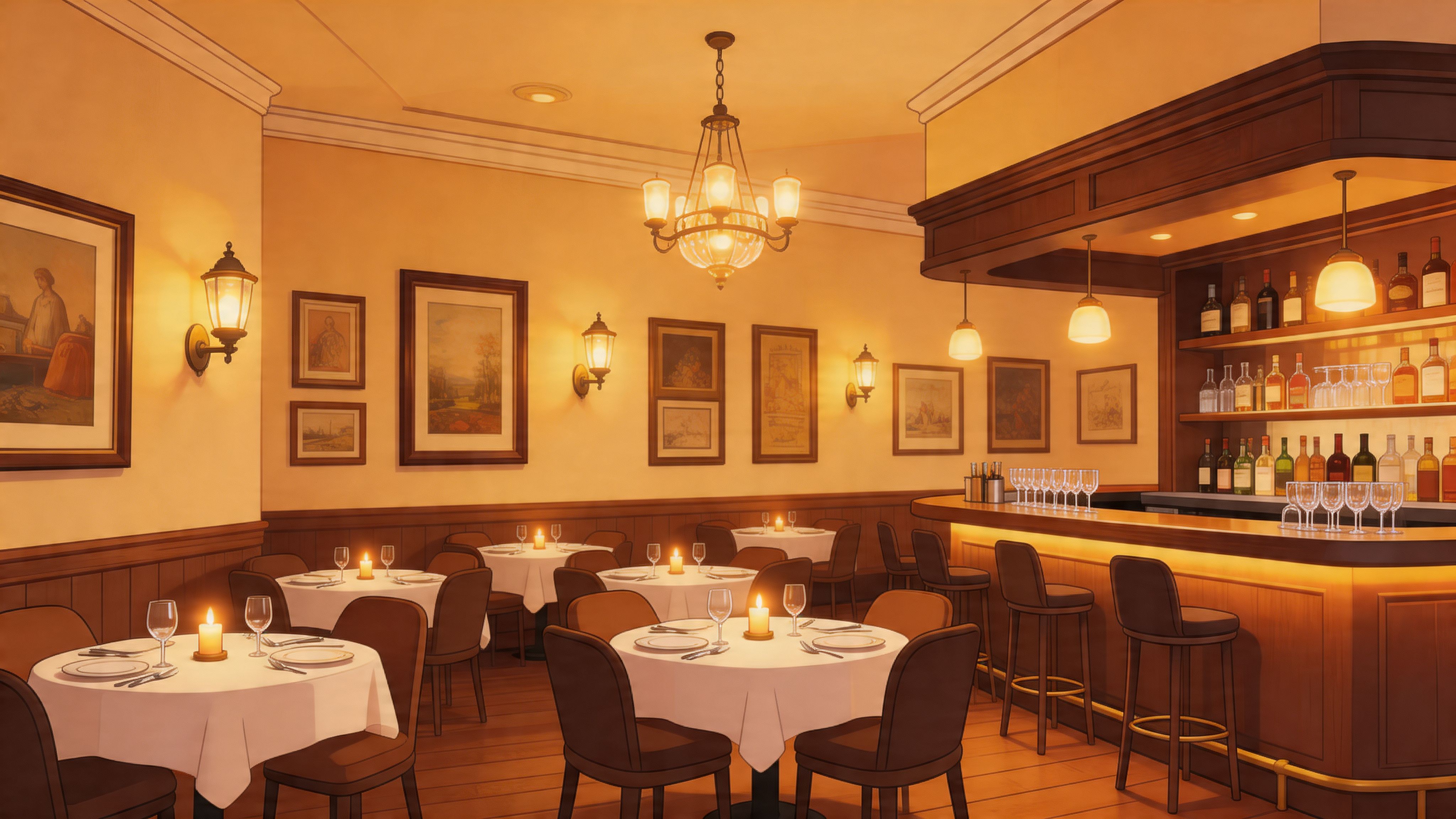 A cozy, dimly lit vintage-style restaurant interior with round dining tables, leather chairs, and a wooden bar.