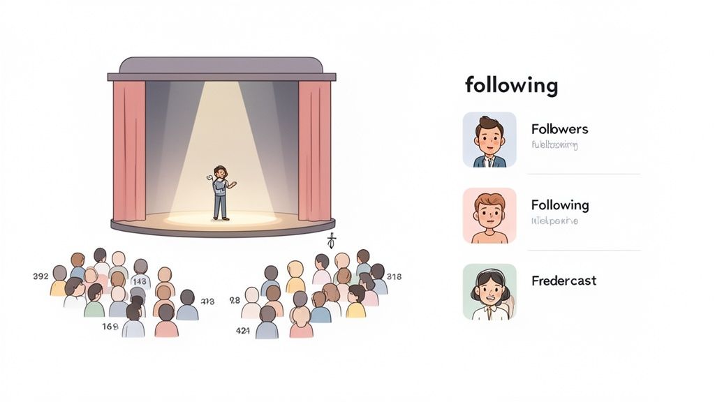 A person speaks on a spotlighted stage to an audience, next to a list of social media followers.