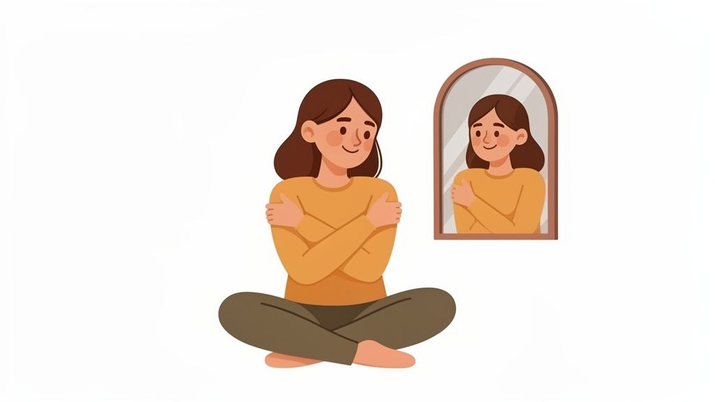 A smiling cartoon woman hugs herself while looking at her happy reflection in a mirror.