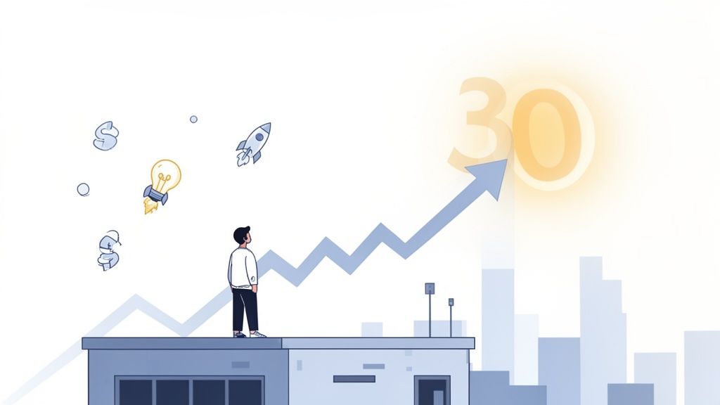 Illustration of a man on a building rooftop looking at an upward trend graph towards the glowing number 30, symbolizing achievement.