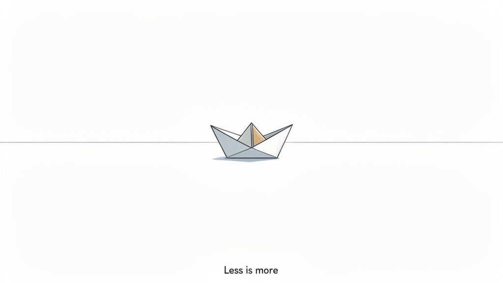 Simple illustration of a paper boat on a white background with the minimalist quote 'Less is more'.
