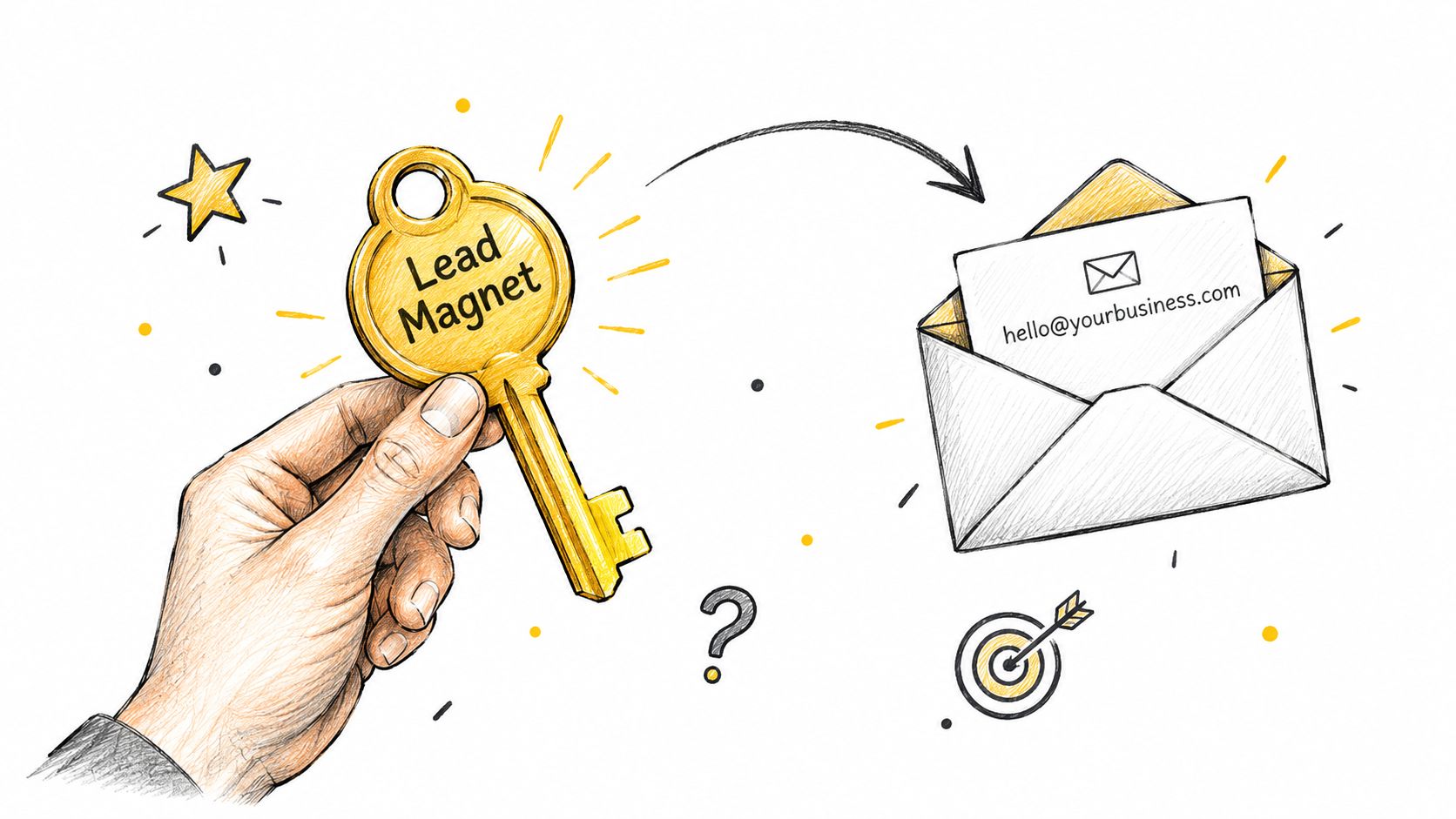 A hand holding a golden key labeled Lead Magnet representing the process of capturing email addresses for business.