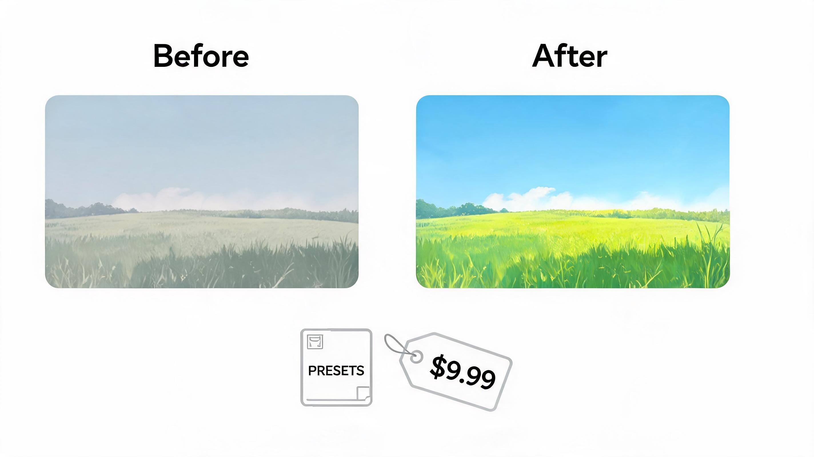 A comparison showing a dull landscape before and a vibrant, colorful version after using professional photography presets.