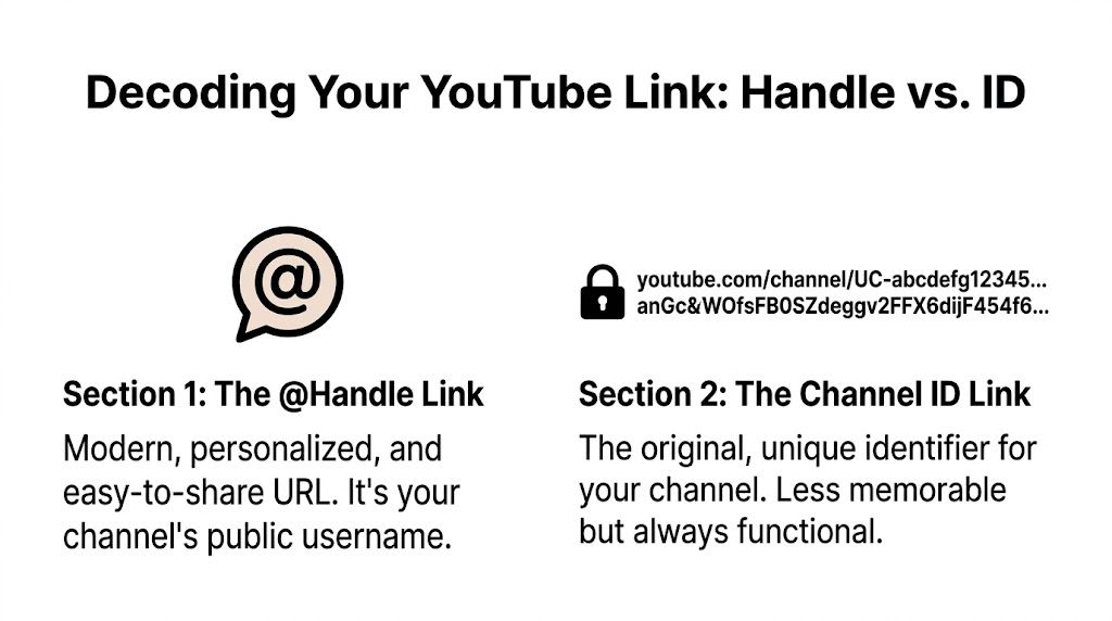 A graphic comparing YouTube handles and channel IDs, explaining the difference between personalized URLs and unique identifiers.
