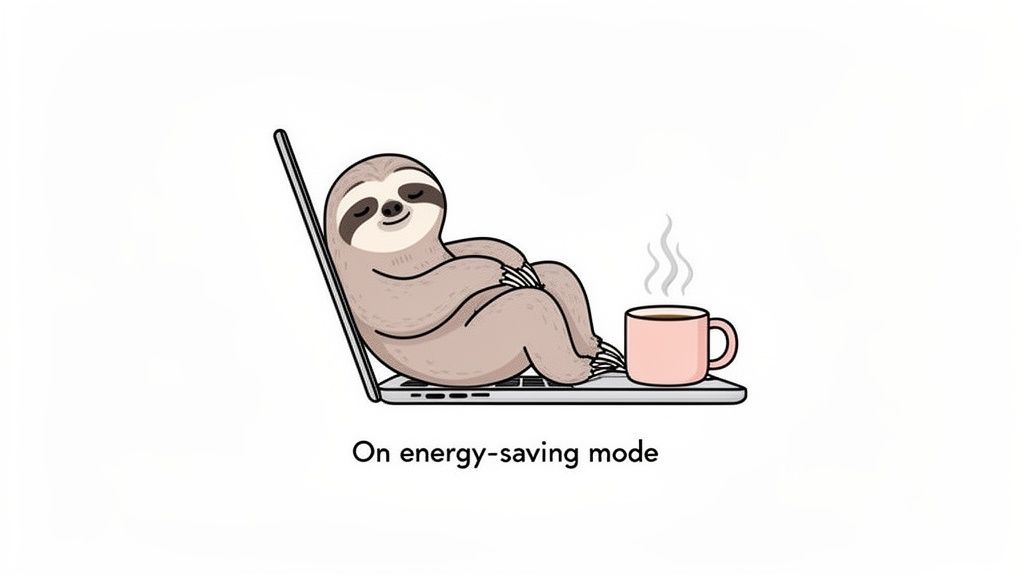 A happy cartoon sloth relaxing on a laptop next to a steaming pink mug.