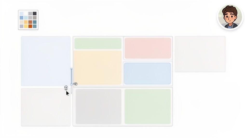 A digital workspace displays a grid of colorful and white cards with a color palette and user profile.
