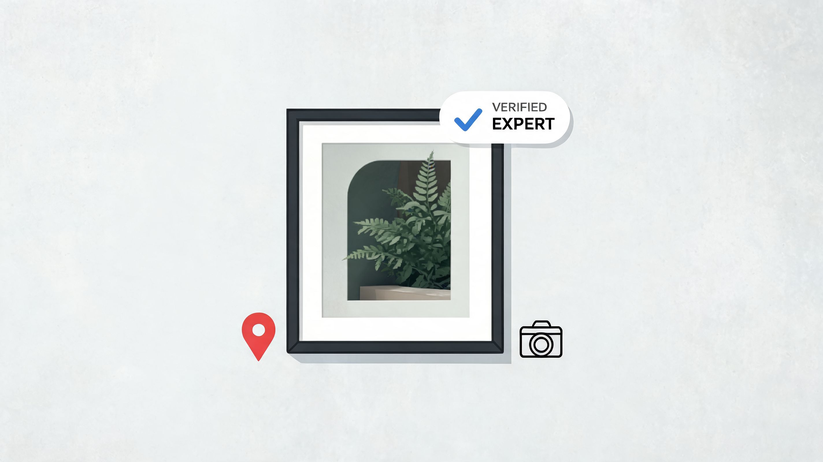 A framed botanical print of a fern plant displayed against a simple white background with icons.