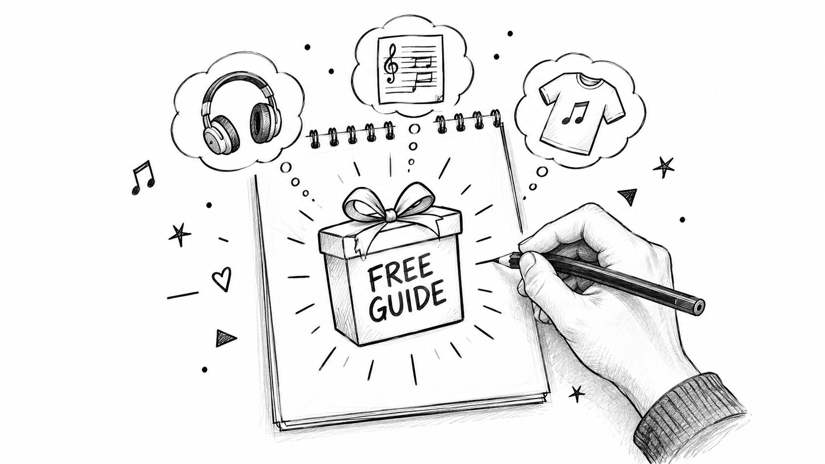 A hand drawing a gift box labeled Free Guide with icons of headphones, music notes, and apparel.