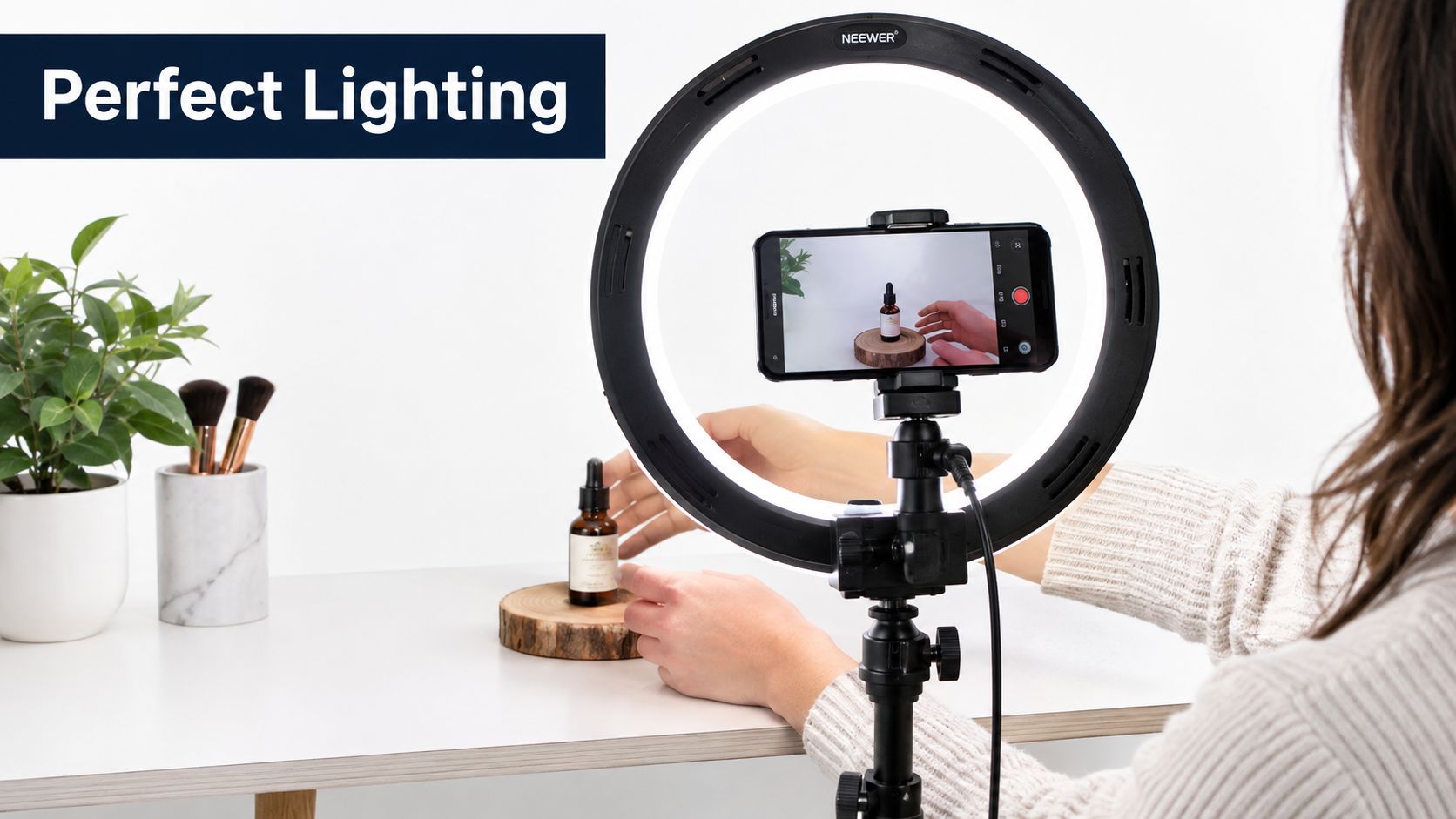 A person using a Neewer ring light and a smartphone to film a product for content creation.