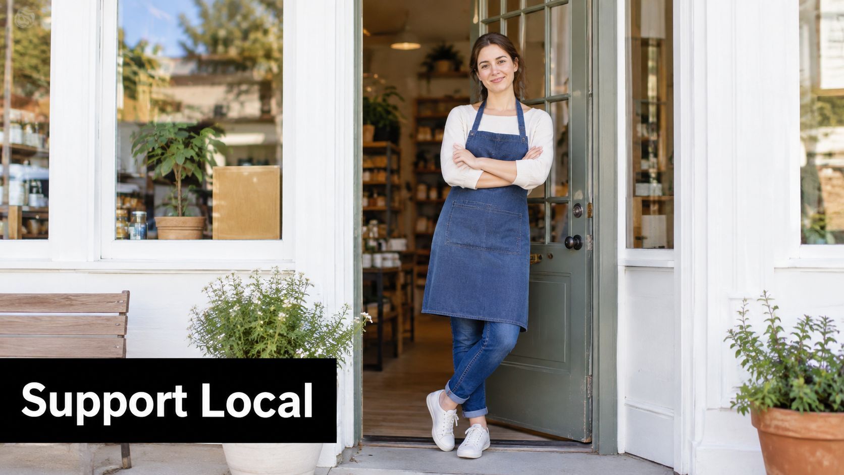 A friendly business owner standing in the doorway of her small shop, wearing a blue apron.