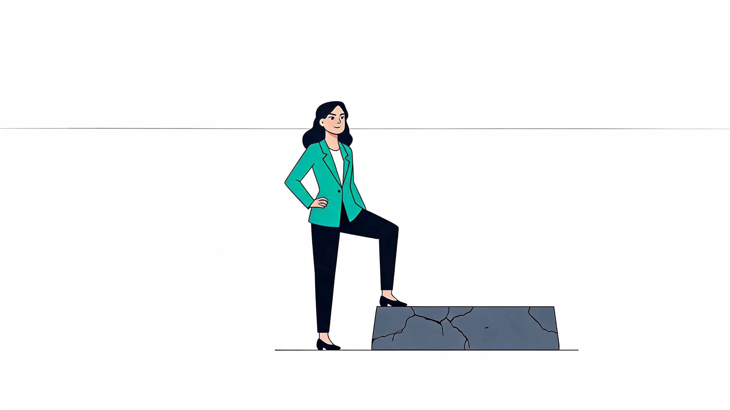 A professional businesswoman standing with one foot on a cracked stone block symbolizing overcoming business obstacles.
