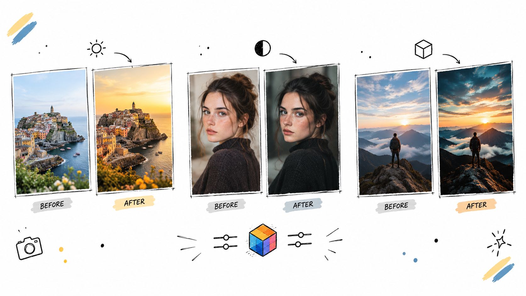 A conceptual graphic illustrating before and after photo editing transformations with varied lighting and color effects.