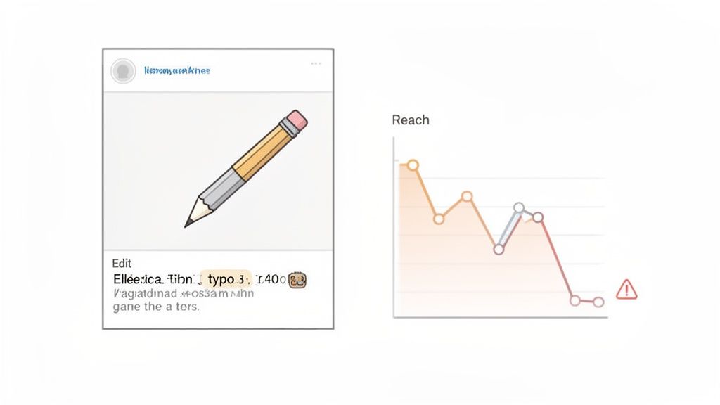 An Instagram post showing a pencil icon with 'Edit' text and a graph indicating declining reach.