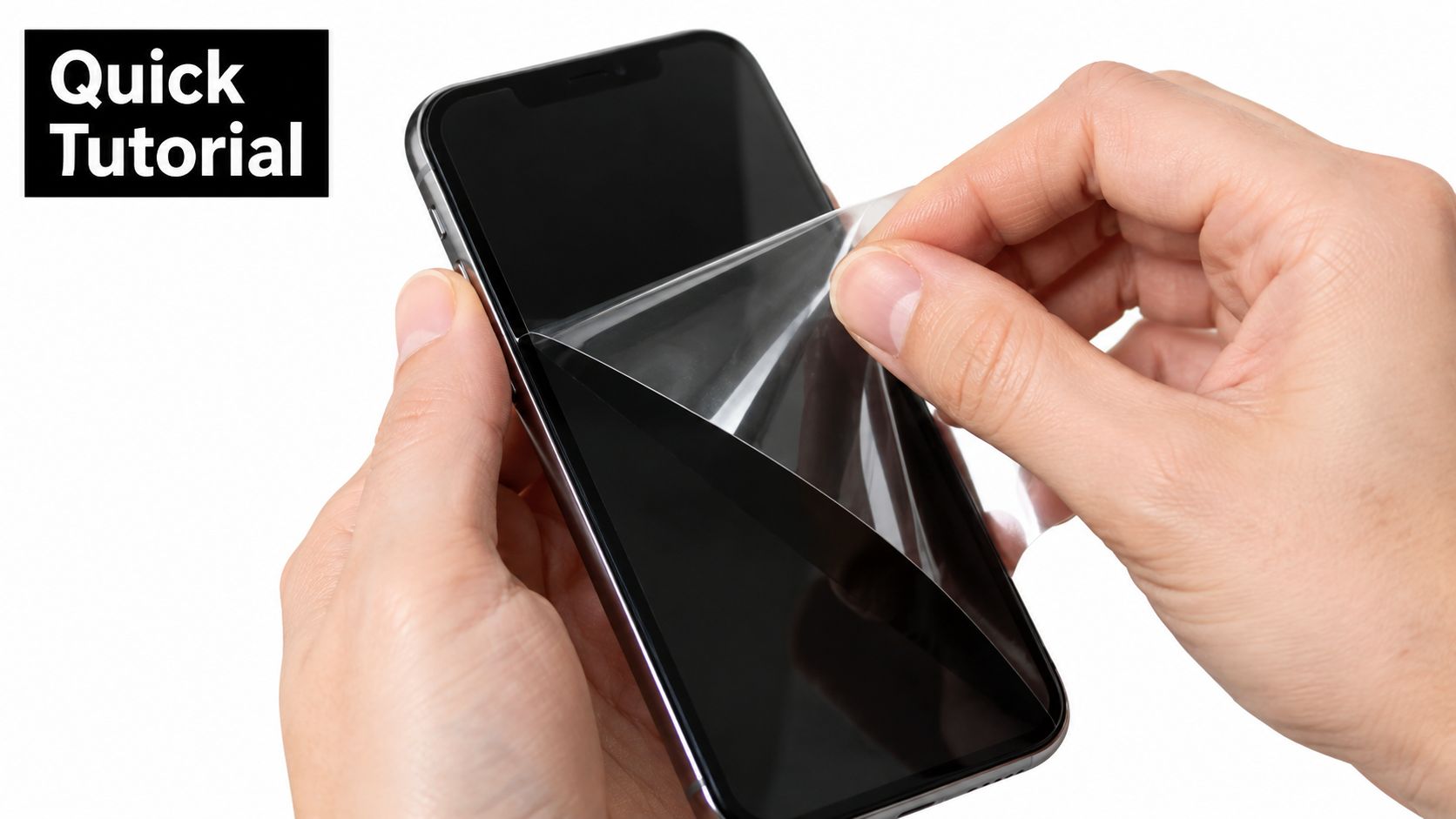 A close-up view of hands applying a clear protective screen film onto a modern smartphone display.