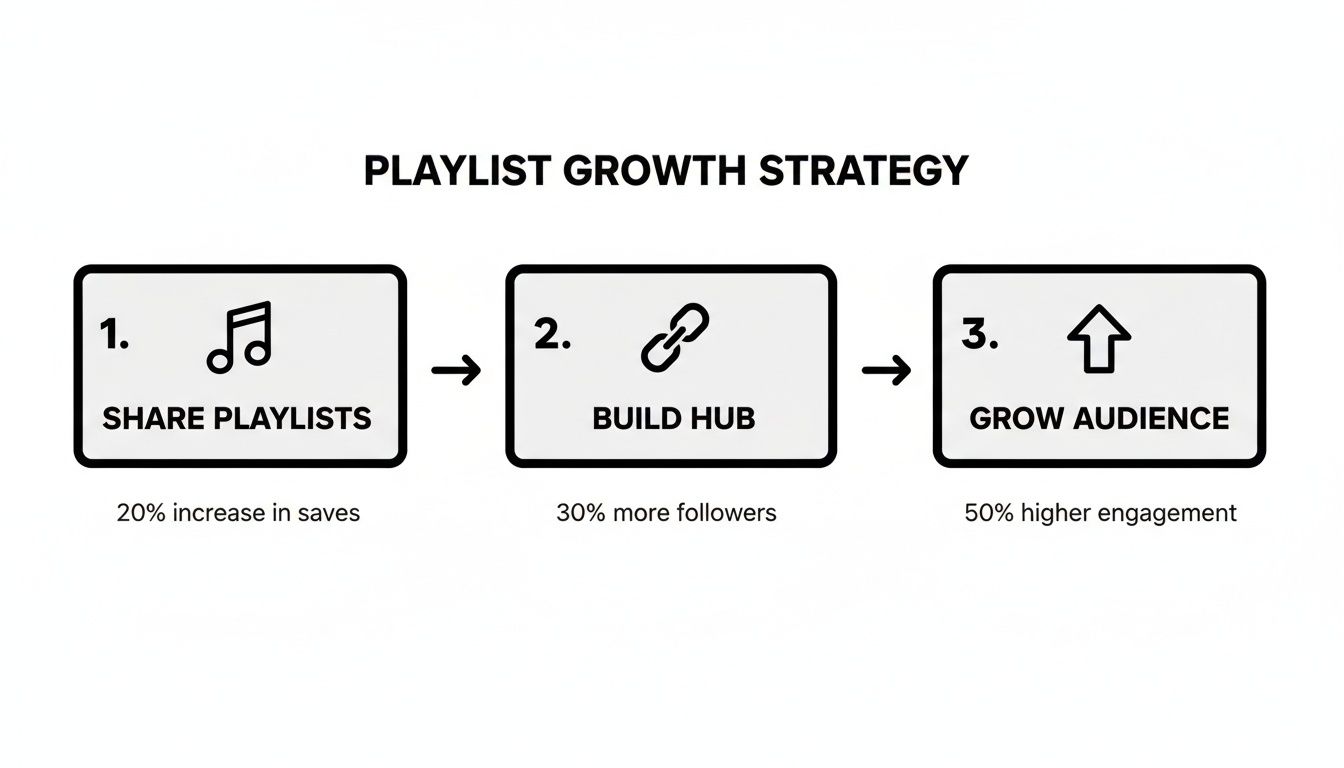 Three-step playlist growth strategy diagram showing sharing, building a hub, and audience growth with metrics.