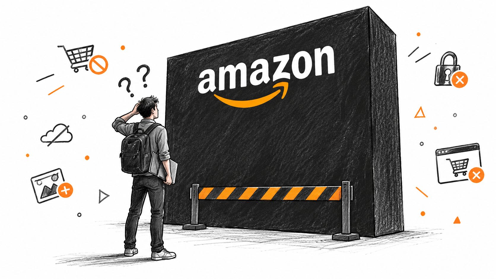 A confused student standing before a giant blocked Amazon wall with various online shopping warning icons.