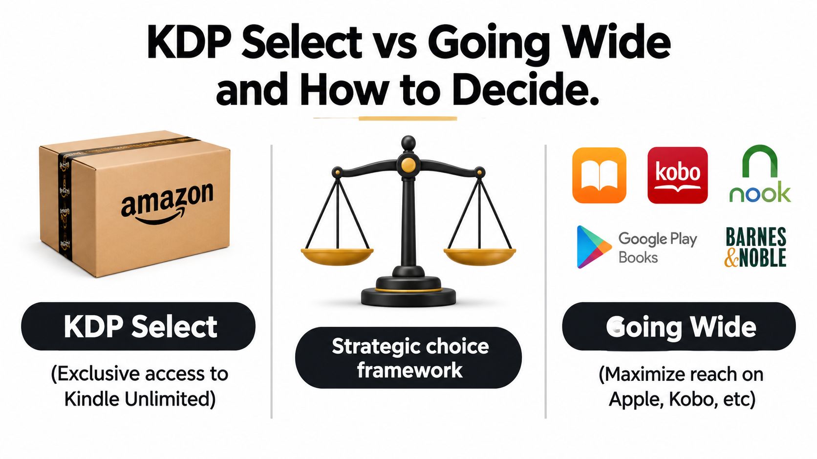 A diagram comparing Amazon KDP Select exclusivity against publishing books wide on multiple platforms for authors.