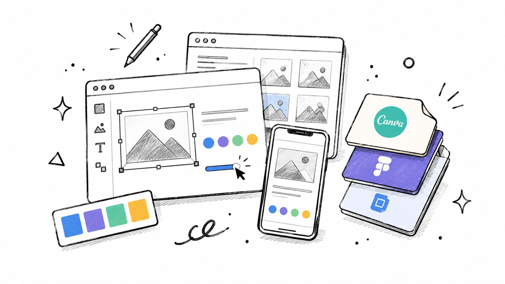 A hand-drawn illustration depicting digital design tools, software interfaces, a smartphone, and various creative icons.