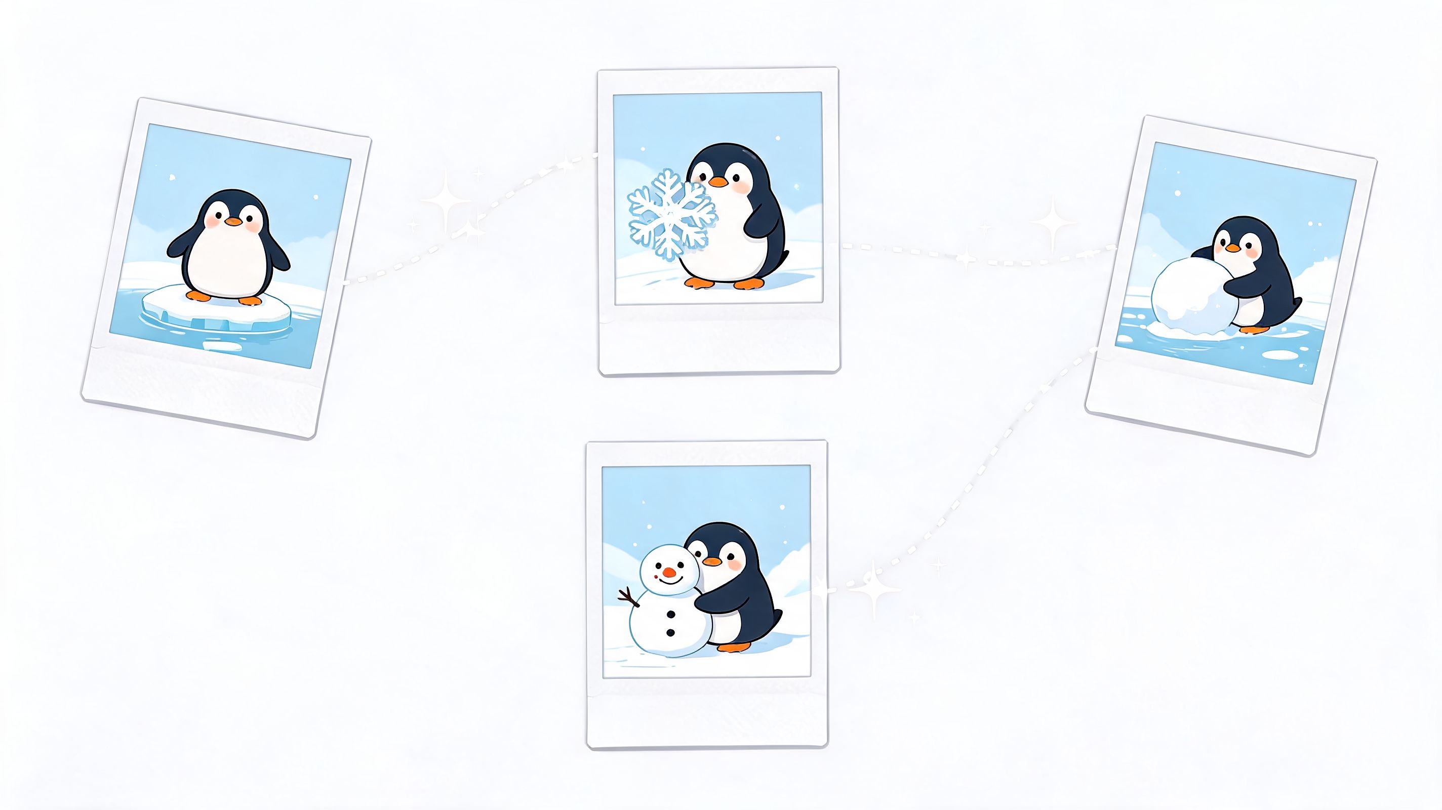 Four polaroid-style photos showing a cute cartoon penguin playing in the snow, arranged on a light background.