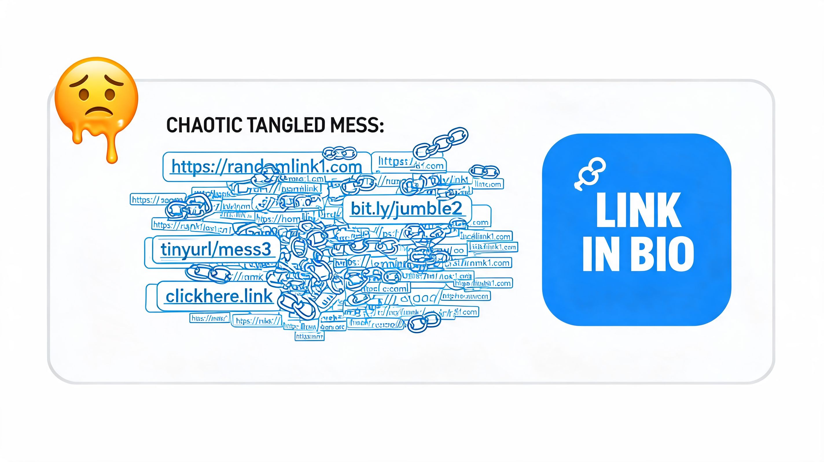 A chaotic mess of various messy links on the left with a clean Link In Bio icon.