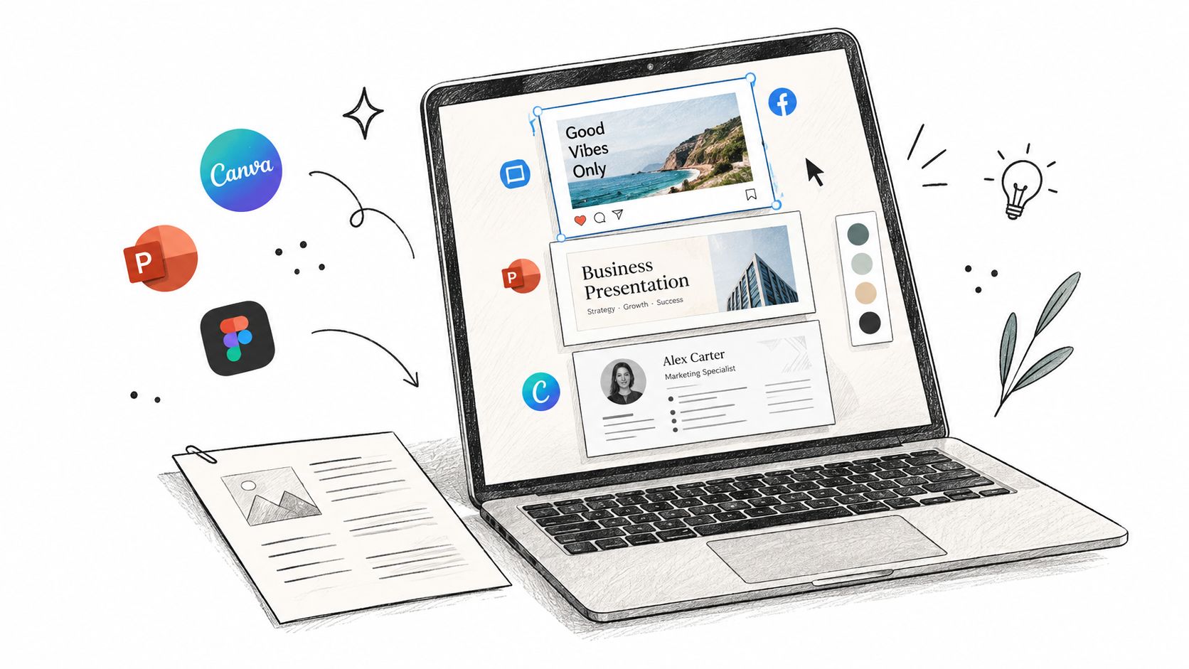 A digital illustration showing a laptop with social media and business design templates being created.