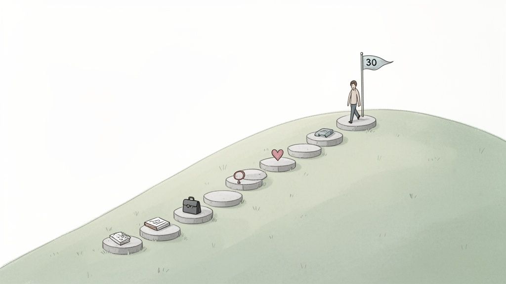 A person walks up a hill of milestone steps, reaching a flag marked '30'.