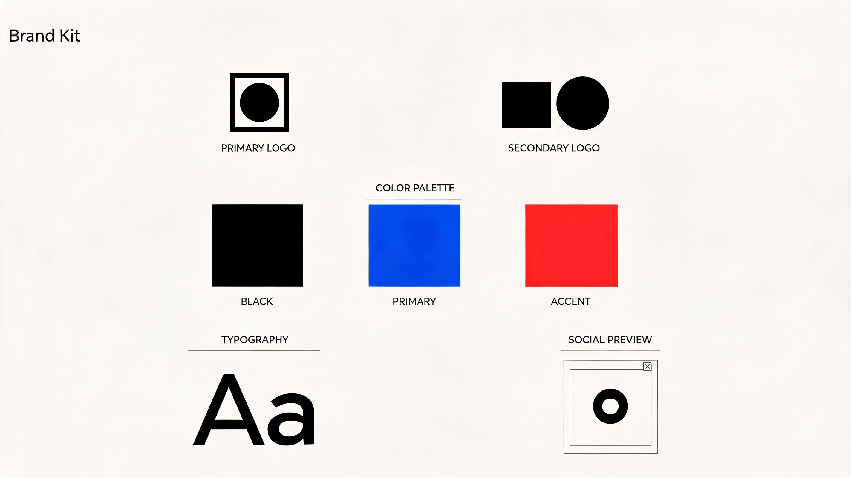 A clean brand kit layout featuring a primary logo, secondary logo, color palette, typography, and social preview.