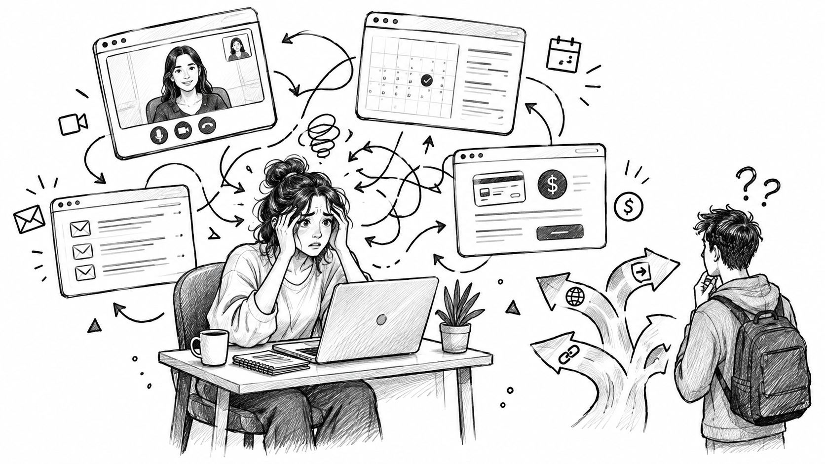 A stressed woman working at a desk surrounded by digital tasks while a student looks on confused.