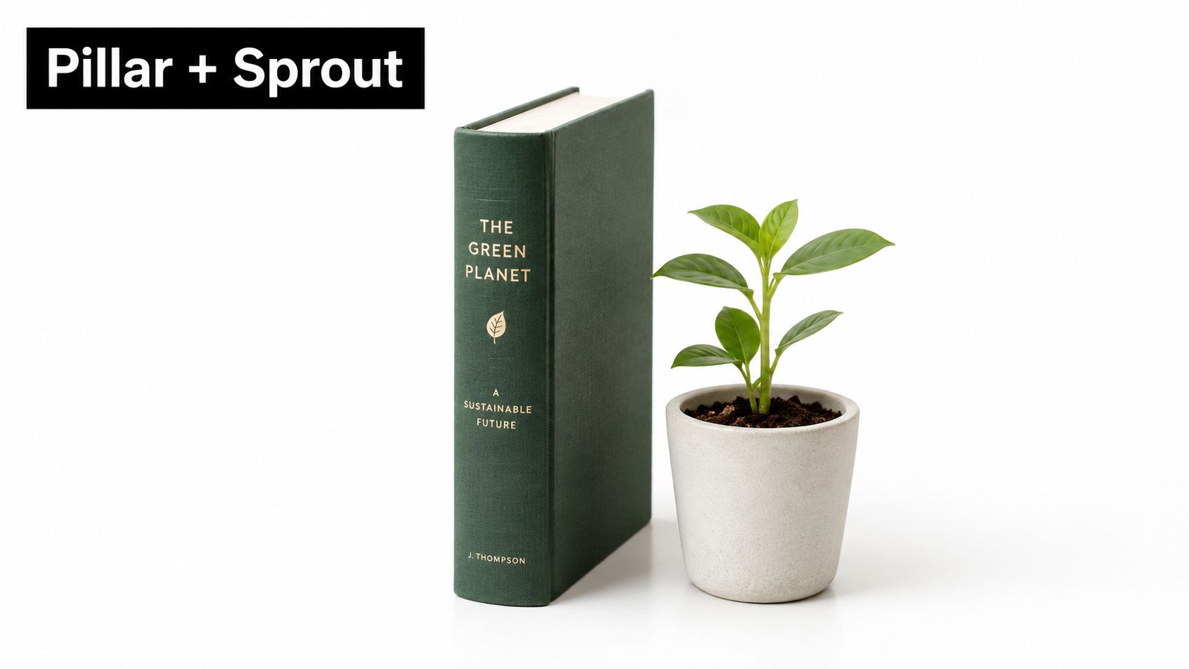 A green book titled The Green Planet stands next to a small potted plant on white background.