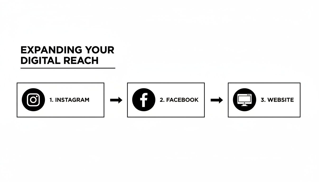 Flowchart illustrating the expansion of digital reach through Instagram, then Facebook, and finally a website.