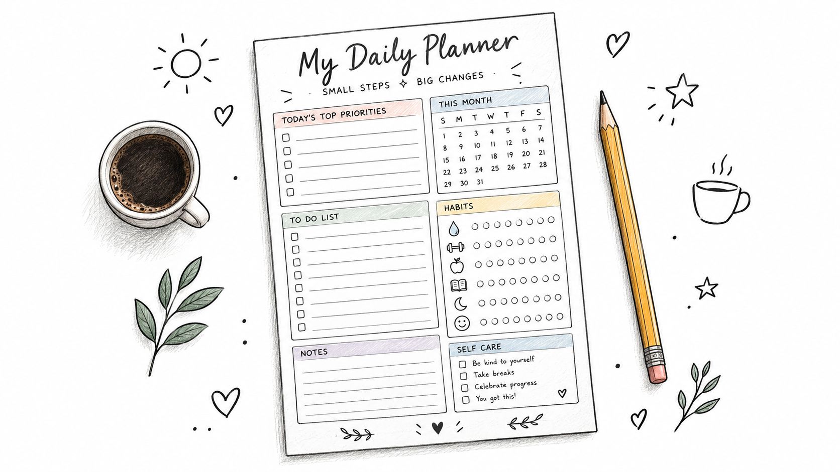 A digital daily planner sheet surrounded by a coffee cup, pencil, leaves, and hand-drawn doodles.