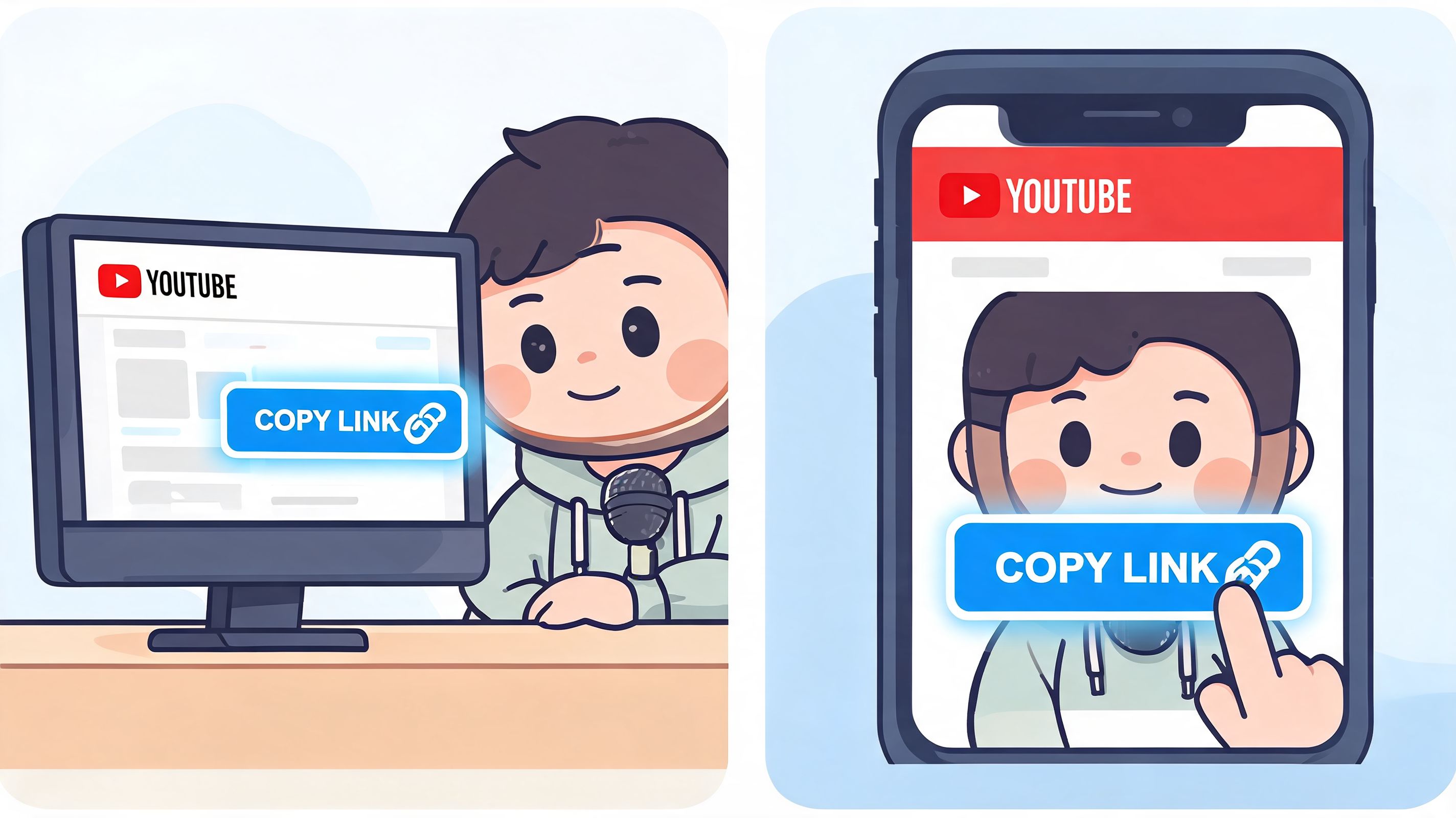 A split image showing a computer and smartphone displaying a Youtube channel link copy button interface.