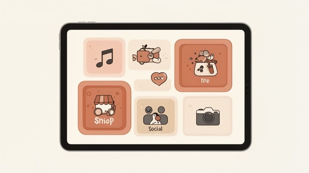 A tablet displays a warm-toned, cartoon-style user interface with various app icons for music, shop, and social.