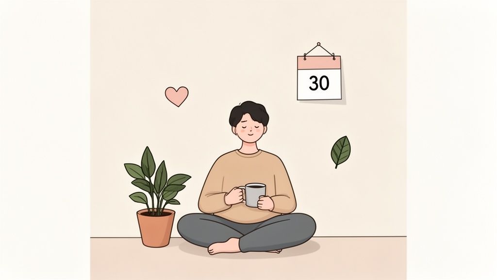 An illustration of a person meditating with a mug, plant, heart, and a calendar showing 30.