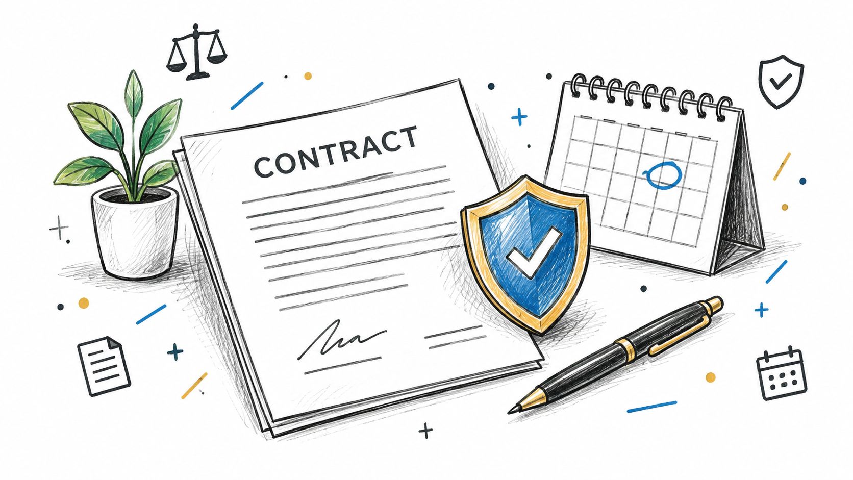 A hand-drawn illustration showing a legal contract, a calendar, a protective shield, and a pen on a desk.