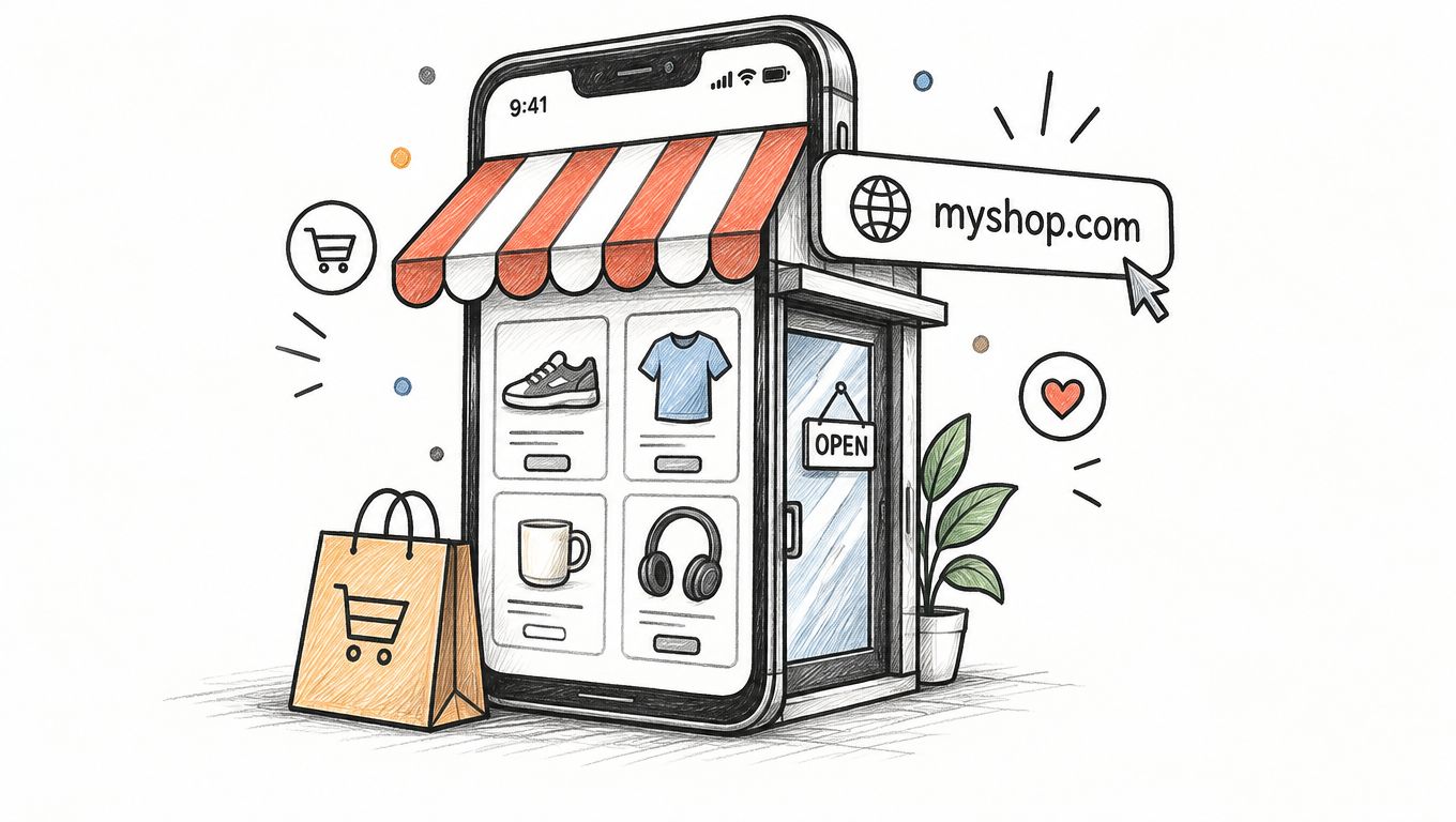 A digital illustration showing a smartphone transformed into an online store with product listings and a website link.