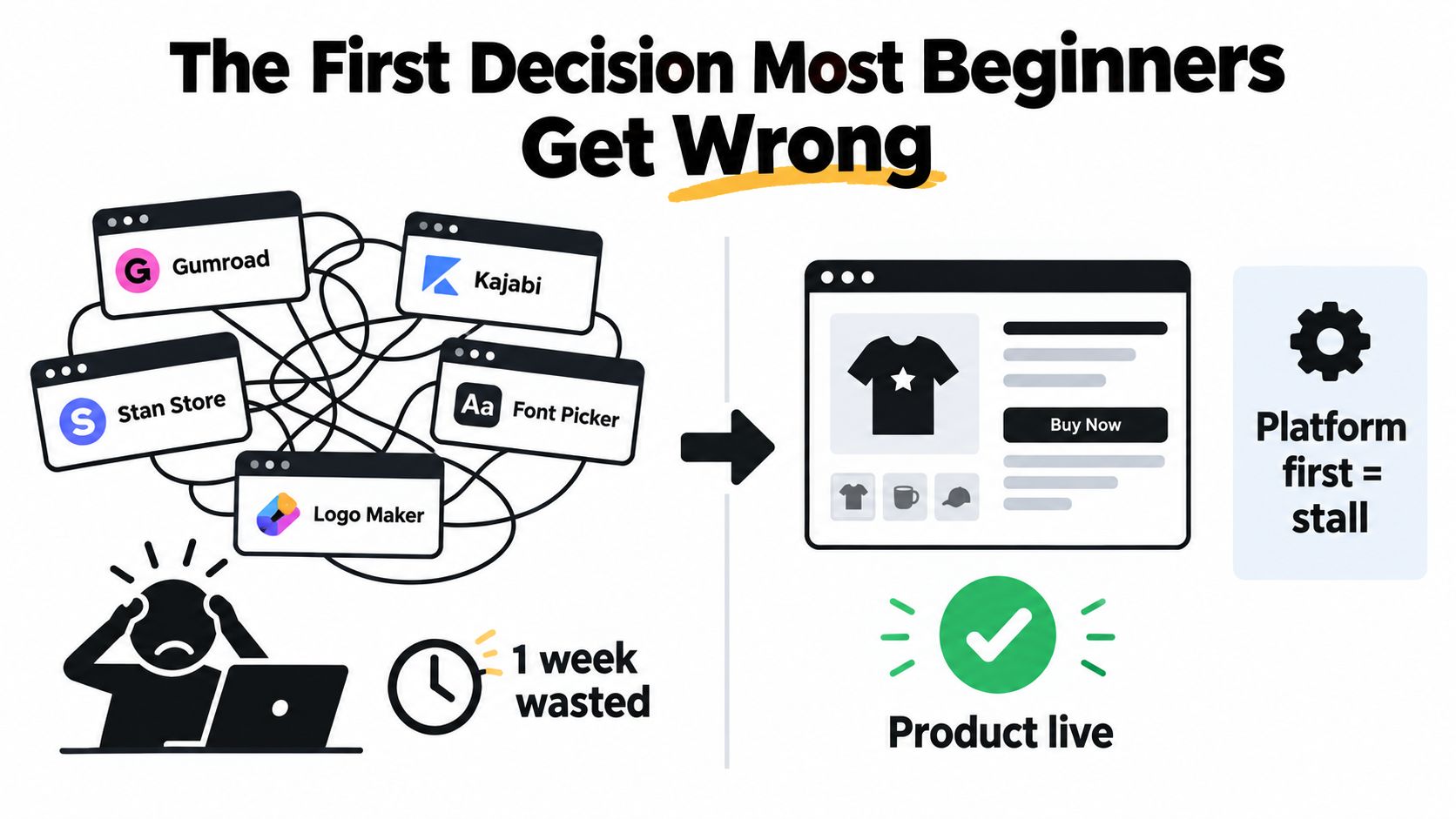 An illustration comparing the pitfalls of over-prioritizing platforms versus the efficiency of getting products live immediately.