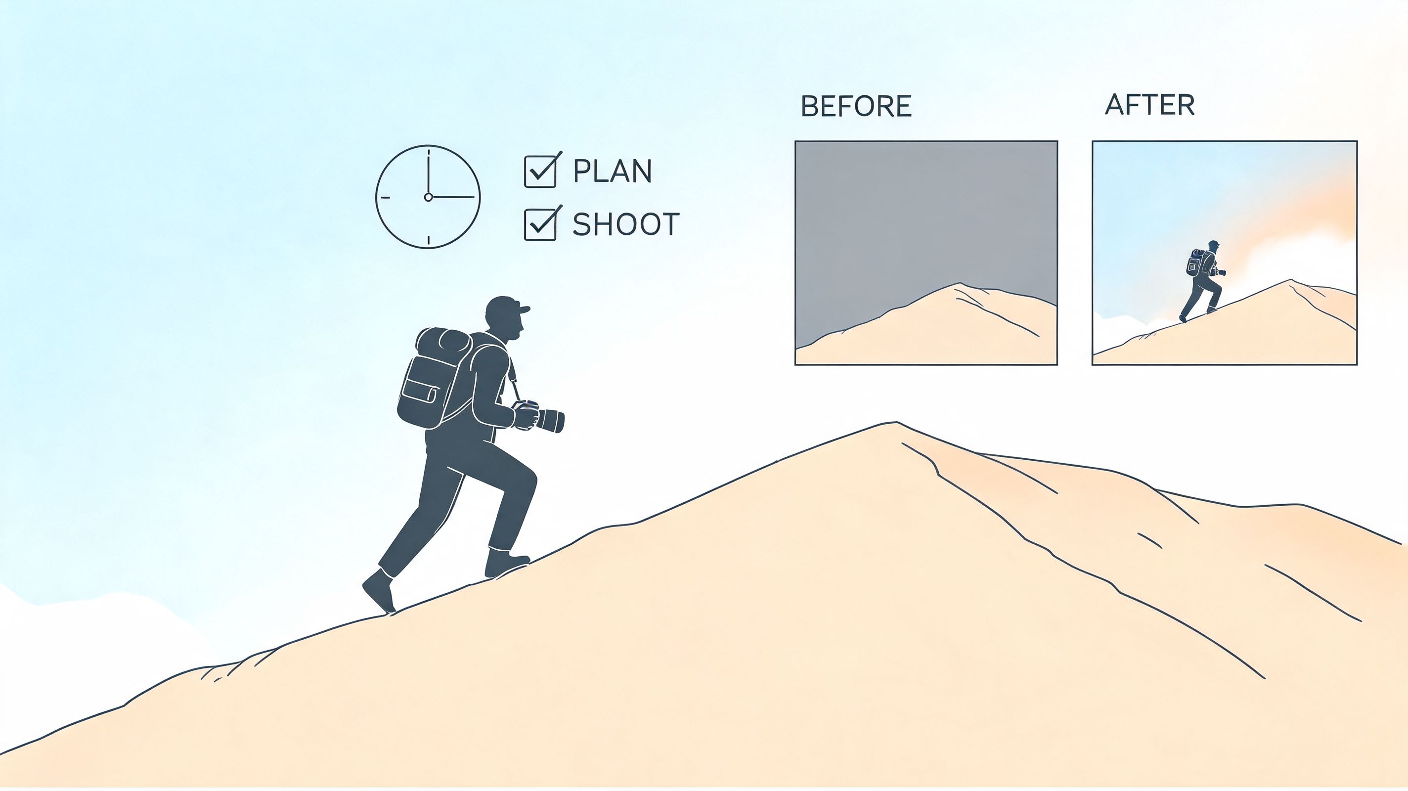 A hiker carrying a camera climbs a hill, illustrating the process of planning and shooting landscape photography.