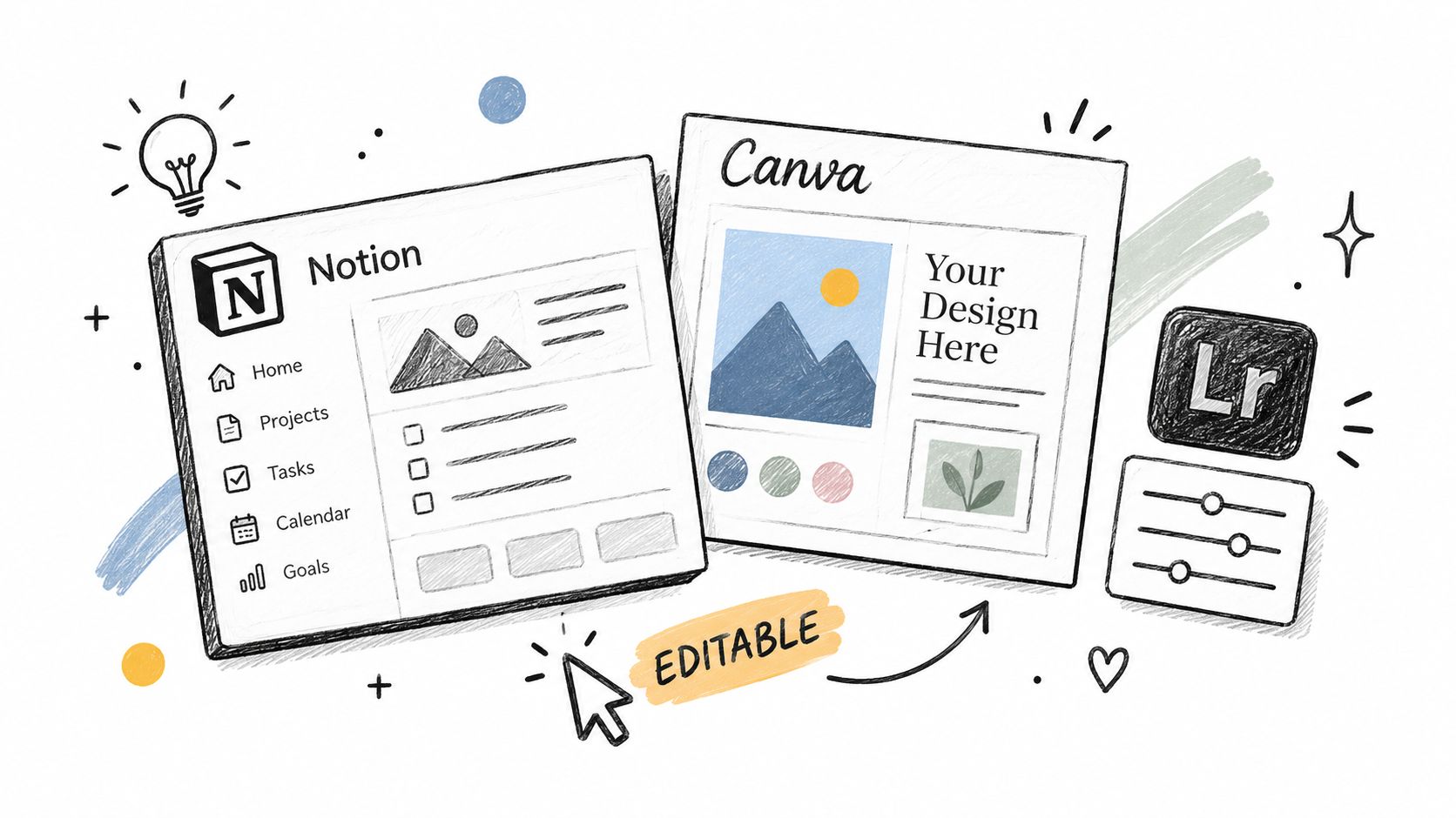 Hand-drawn digital illustrations of Notion and Canva software interfaces with a Lightroom icon, labeled as editable.